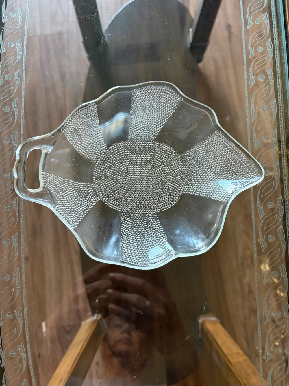 This is a vintage Jeannette Glass Co. Dewdrop pattern glass dish